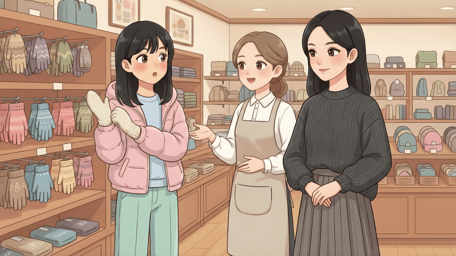 手袋が欲しいんですが I'd like a pair of gloves.