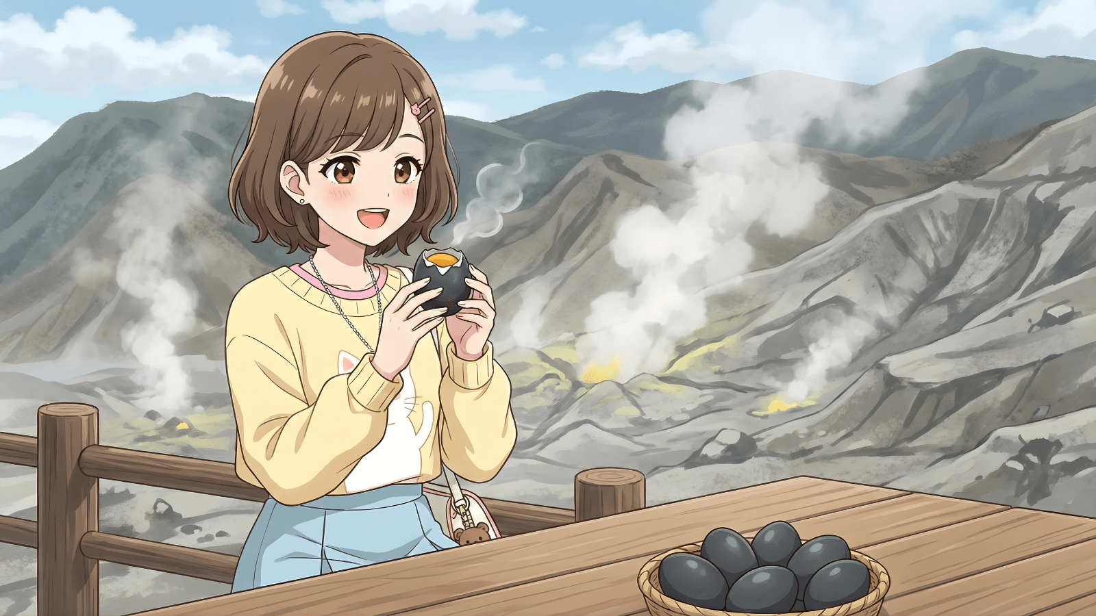 大涌谷に行って、黒たまごが食べたいです I want to go to Owakudani and then eat a black egg.