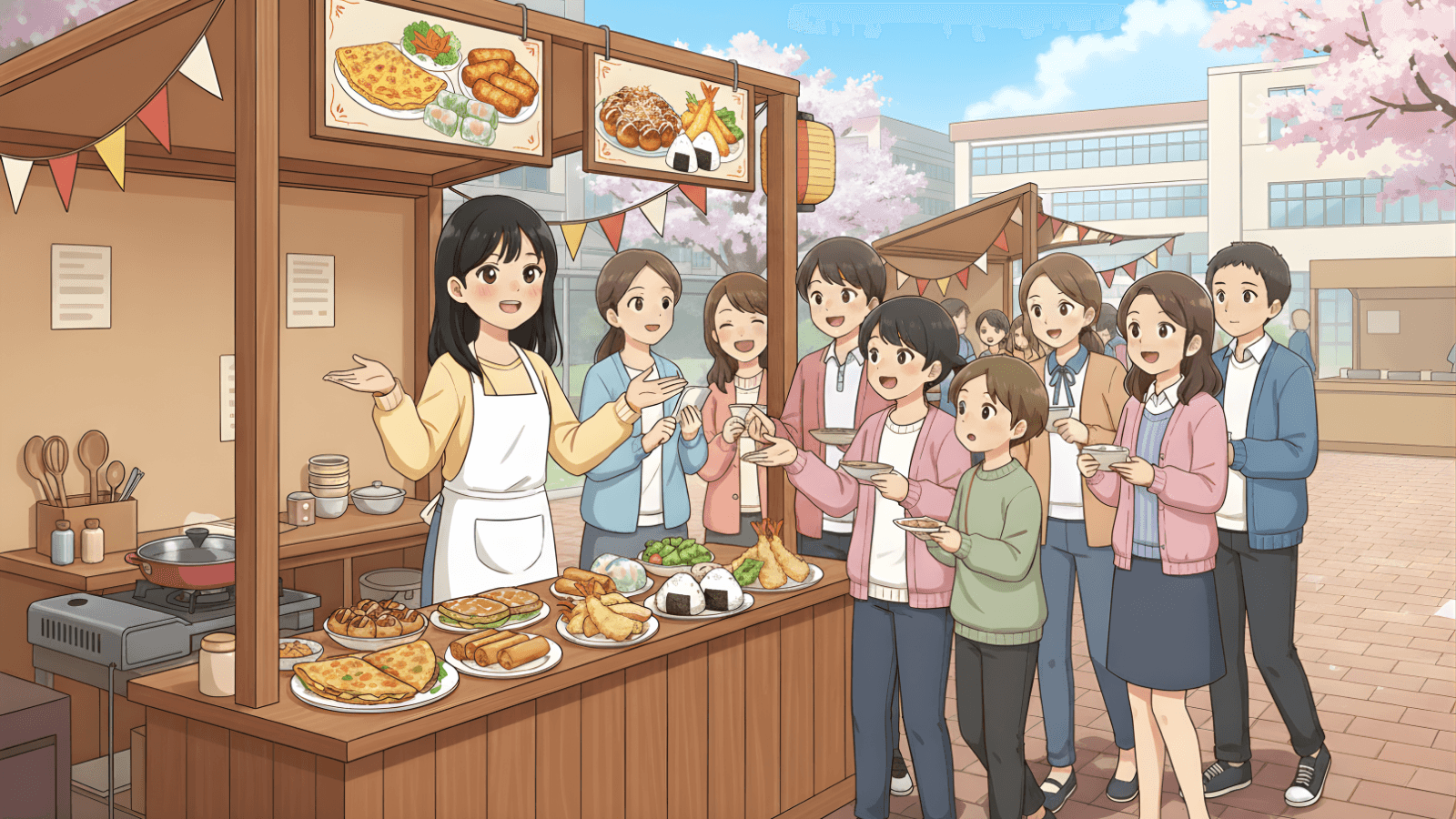 食べ物を出したばかりなのに、みんながたくさん食べに来ました。I just sold food and people came to eat a lot.