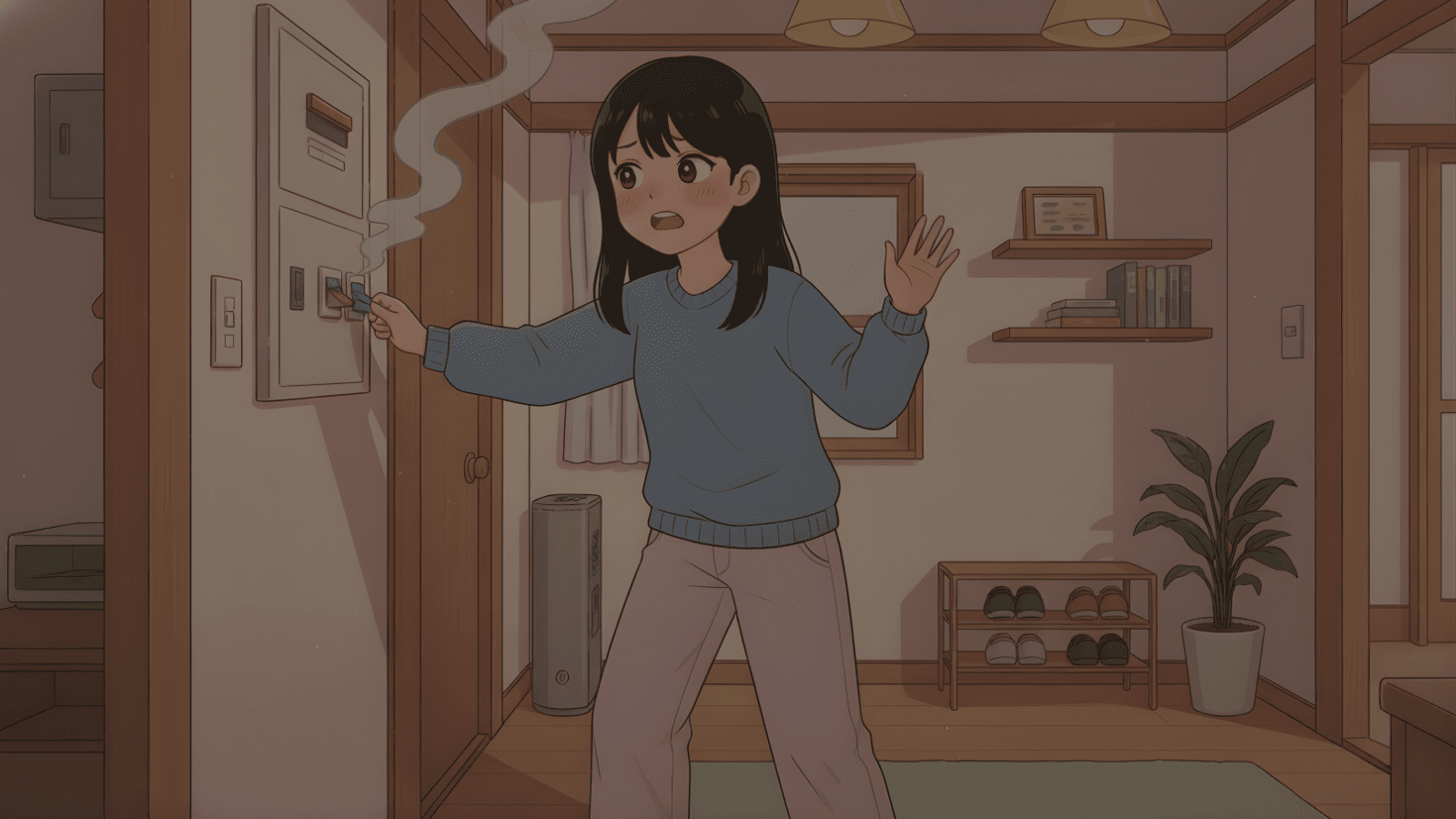 もし焦げ臭いがしたら、電源を切ってください。If you feel a burning smell, turn off the circuit breaker.