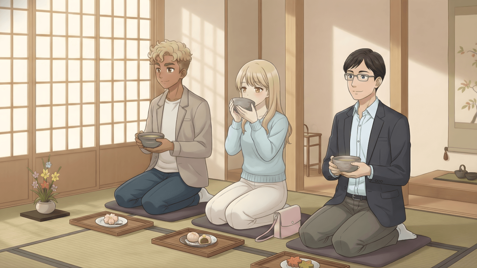 After you eat Japanese cakes, you drink powdered green tea.