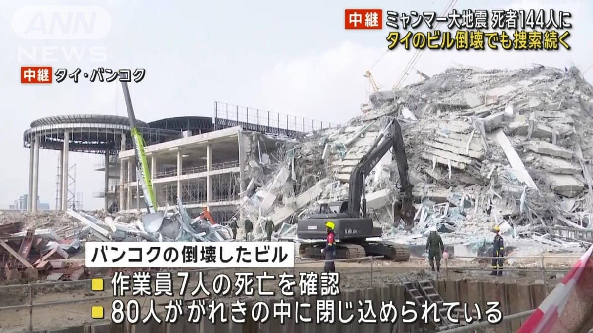 ミャンマー大地震 死者144人に　タイのビル倒壊でも捜索続く
