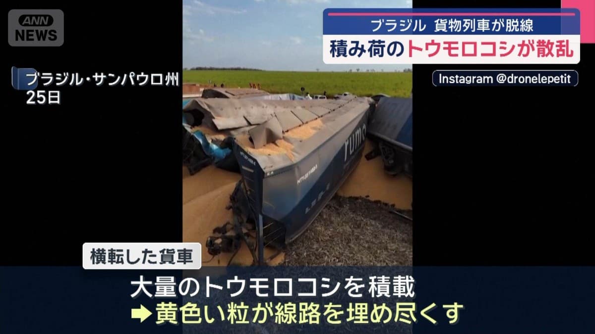 ブラジルで貨物列車が脱線　トウモロコシが線路にこぼれる