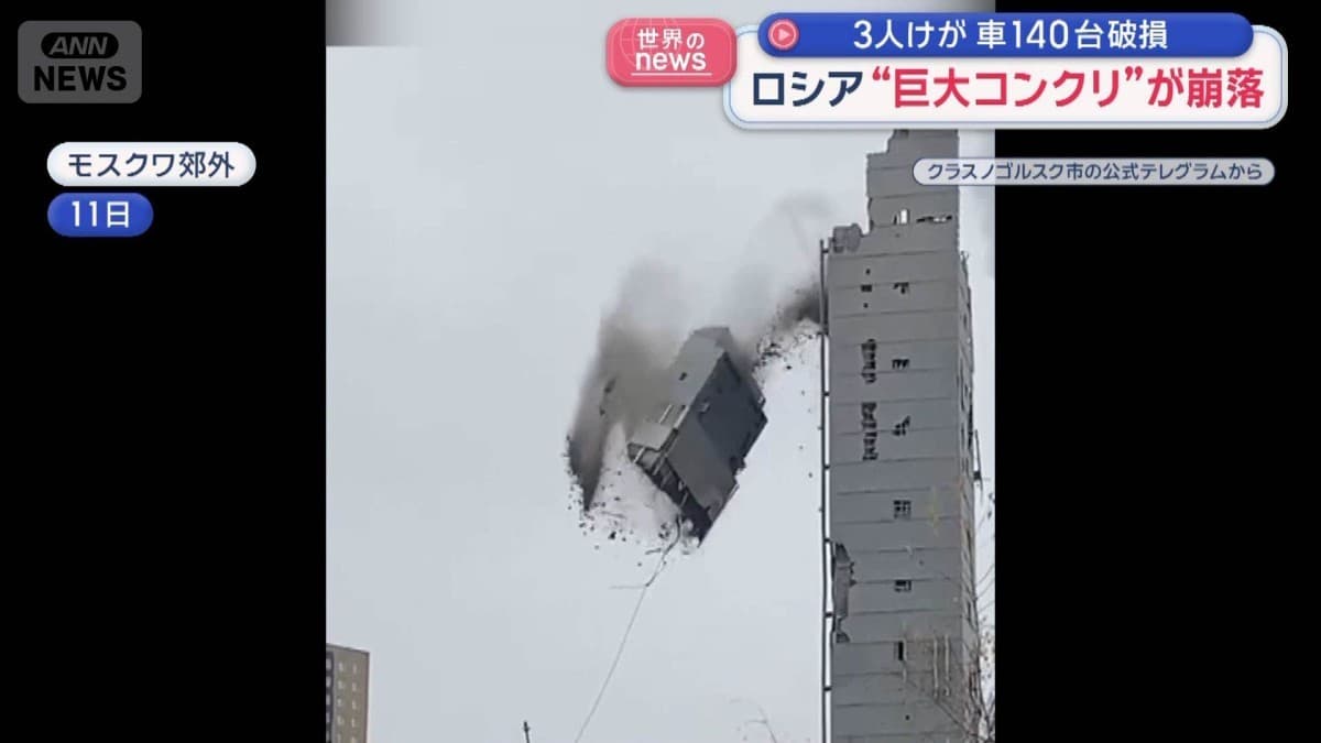 ロシアで大きいコンクリートが落ちる　3人けが　たくさんの車壊れる